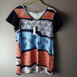 Cupio Top | Blue Tan Orange Floral | New! Small